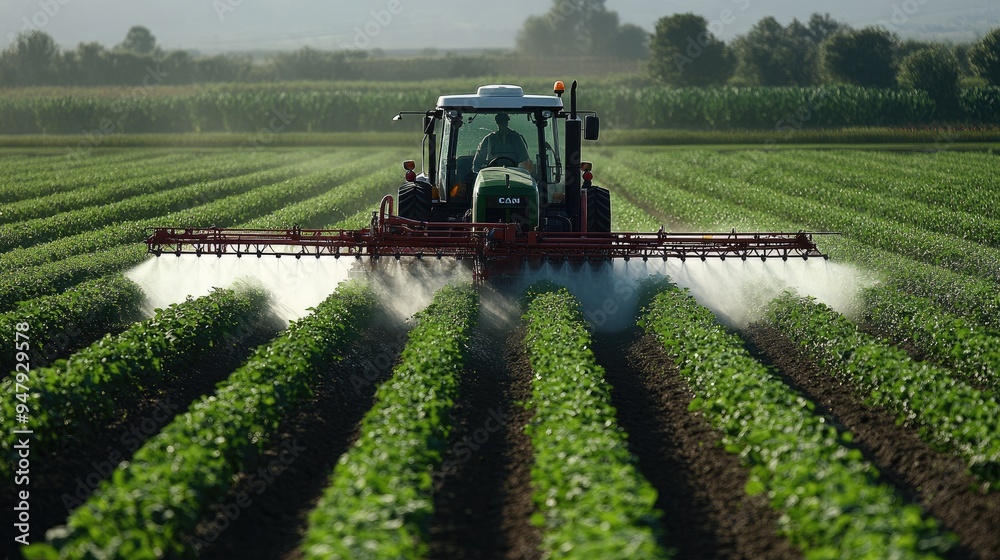 Fototapeta premium Zoomed-in view of a tractor's pesticide sprayer at work, the mist gently covering the rows of thriving crops.