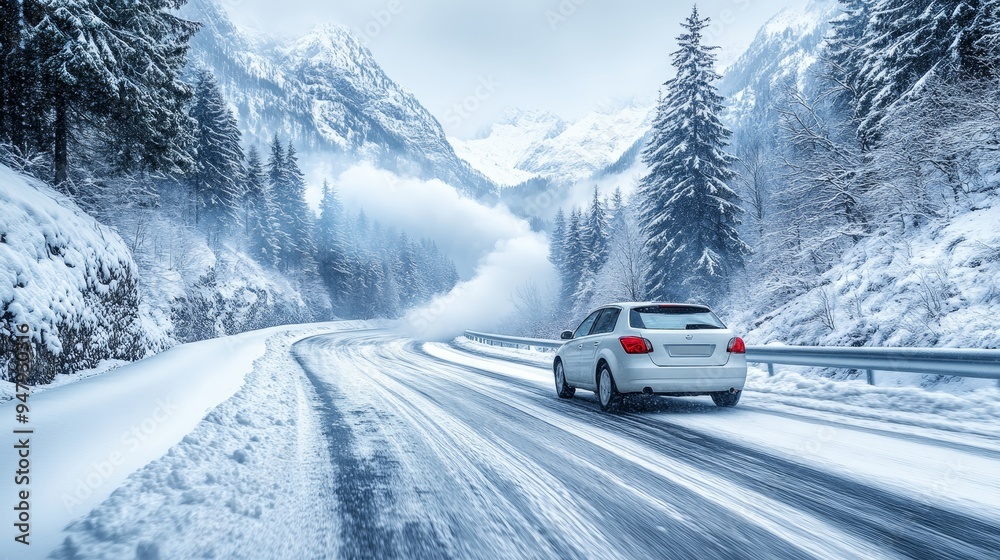 White Car on Scenic Snowy Mountain Road, Winter Wonderland Drive Through Snow Covered Landscape. White Car on Scenic Snowy Mountain Road, Winter Wonderland Drive Through Snow Covered Landscape.