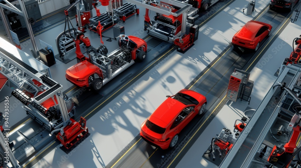 Automated Precision Robots at Work on Car Assembly Line Innovative Technology in Automotive Manufacturing Automated Precision Robots at Work on Car Assembly Line Innovative Technology in Automotive Manufacturing