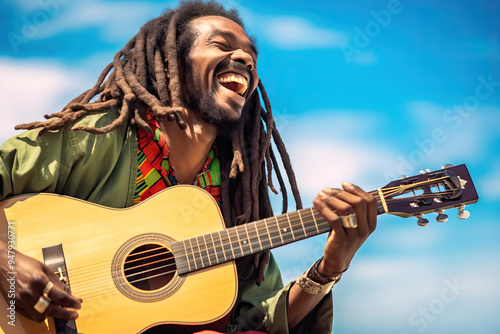 Rastafarian playing the guitar in the street photo