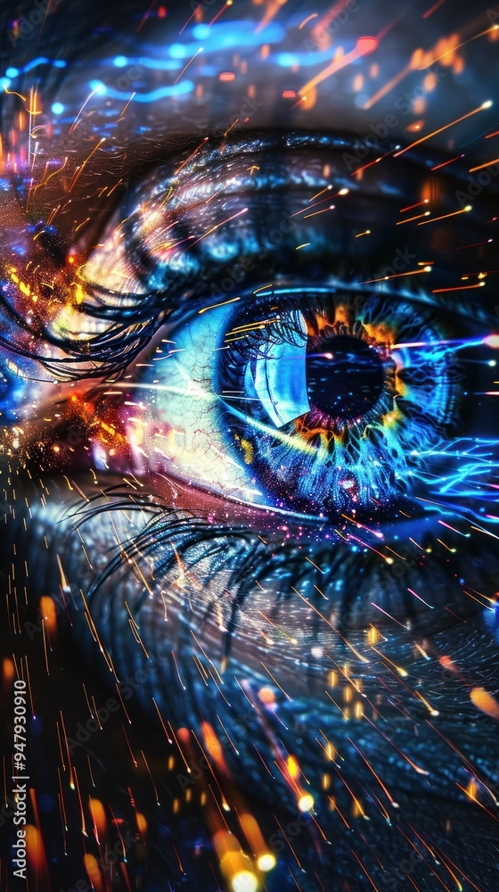 an eye surrounded by abstract colors and light trails, illustrating creativity, imagination, and perception.
