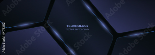 Dark blue elegant 3D technology background future design concept. Dark abstract modern futuristic wide horizontal banner. Vector illustration