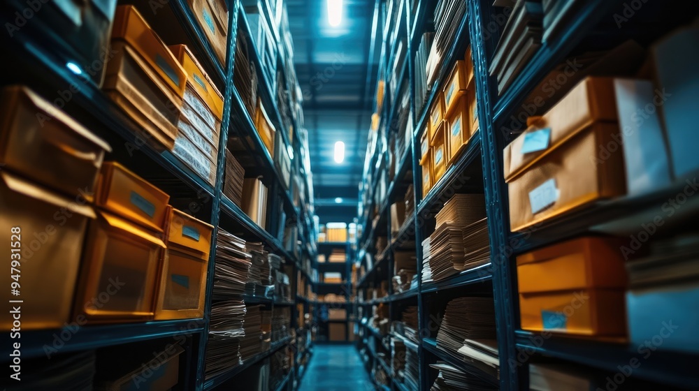 Fototapeta premium Organized Document Archive with Shelves Full of Paper Sheets for Efficient Storage