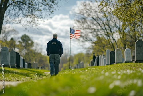 A somber scene in a serene cemetery. An individual walks softly among gravestones. The American flag waves gently in the background. Reflection and remembrance is key. Generative AI