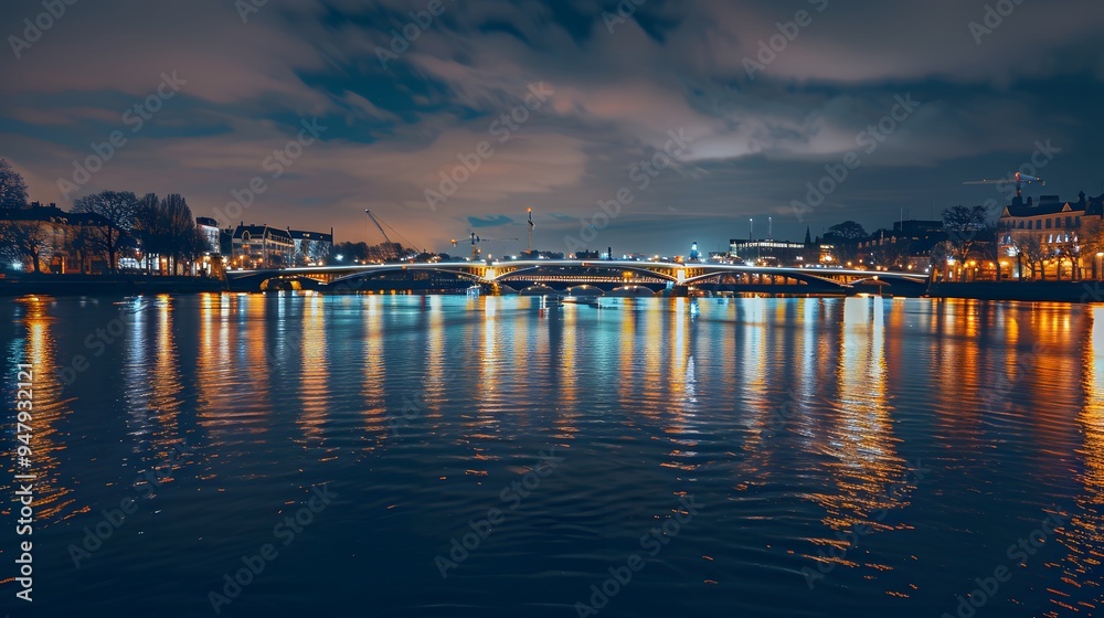 Night View of a City Bridge with Reflections in the Water Night View of a City Bridge with Reflections in the Water