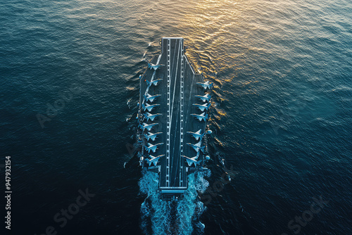 An aerial view of a navy aircraft carrier adorned with lined-up fighter jets, gliding majestically across tranquil waters.