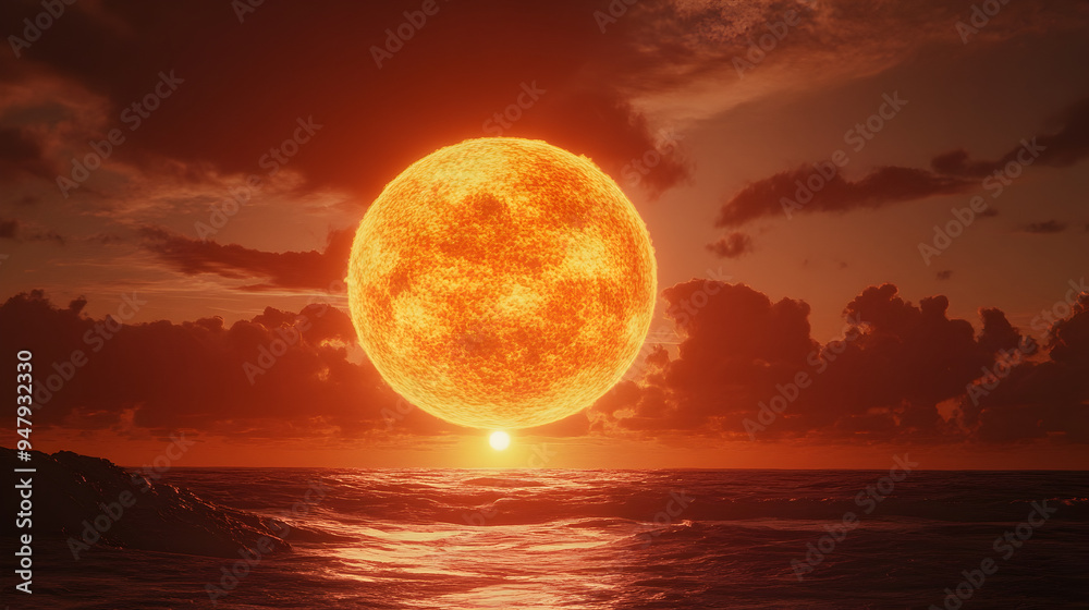 Dramatic Fiery Sunset Glowing Over Tranquil Ocean Horizon Dramatic Fiery Sunset Glowing Over Tranquil Ocean Horizon