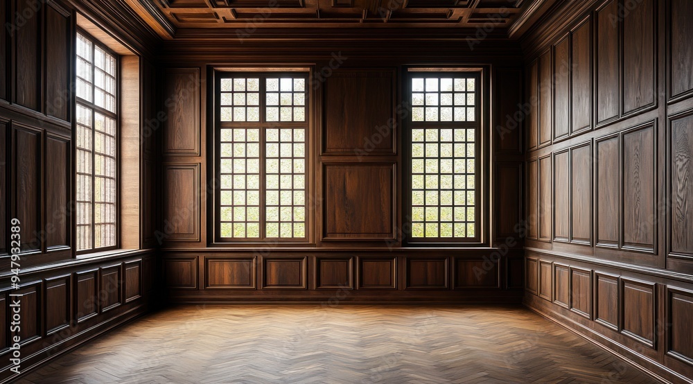 Pièce vide avec fenêtres et mur en bois sombre avec ornements, lumière du soleil traversante éclairant la salle. Pièce vide avec fenêtres et mur en bois sombre avec ornements, lumière du soleil traversante éclairant la salle.