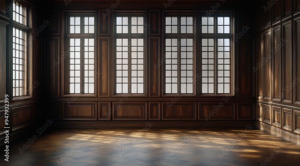 Salle vide avec fenêtres et mur en bois sombre avec ornements, lumière du soleil traversante éclairant la pièce. Salle vide avec fenêtres et mur en bois sombre avec ornements, lumière du soleil traversante éclairant la pièce.