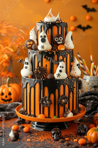 Festive three-tier Halloween cake with orange and black frosting, spooky decorations, and candy. photo