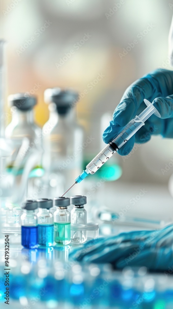 a scientist carefully extracting liquid from a vial using a syringe in a lab environment. a scientist carefully extracting liquid from a vial using a syringe in a lab environment.