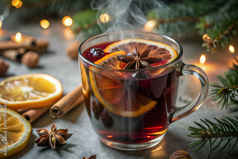 Capture a steaming mug of mulled wine with spices and orange slices floating inside Capture a steaming mug of mulled wine with spices and orange slices floating inside