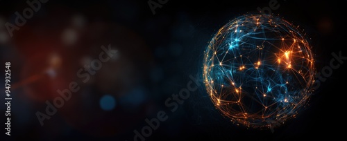 Sphère avec des connexions réseaux lumineuses dans des tons orange, sur un fond sombre, concept de technologie numérique futuriste, big data et intelligence artificielle, image avec espace pour texte. photo