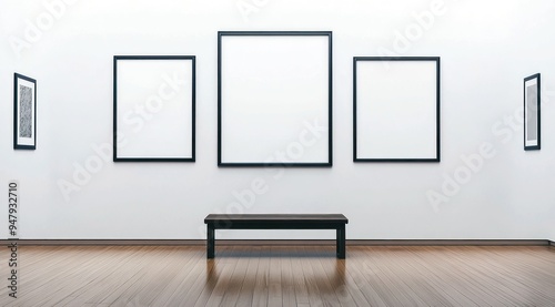 Galerie d'exposition d'art, éclairage vif d'un mur de blanc avec cadres vides, un banc au milieu et un sol en parquet en bois. photo
