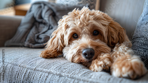 A Goldendoodle resting on a cozy couch, its soft curls blending into the plush cushions, with a relaxed and content expression on its face