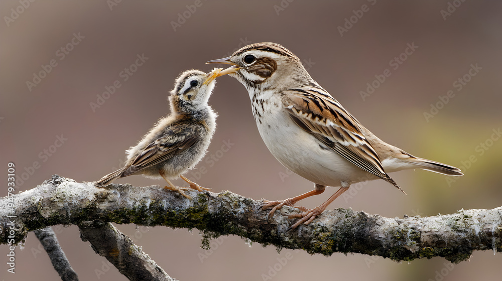 Fototapeta premium Sparrow Feeding Its Baby Chick on Mossy Branch in Nature