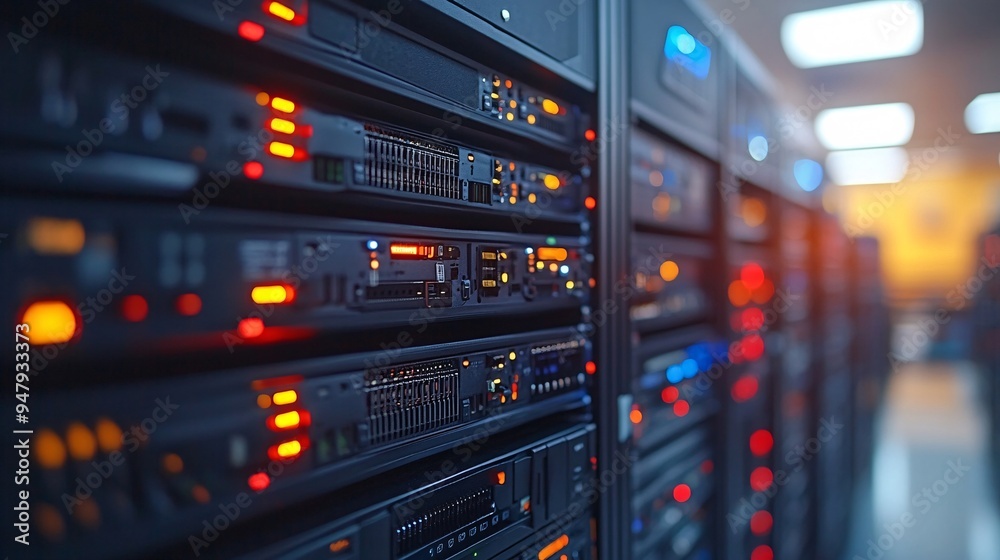 Close-up view of a server rack showcasing lit indicators and a modern data center environment. Close-up view of a server rack showcasing lit indicators and a modern data center environment.