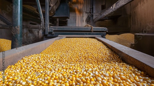 Close-up of yellow corn kernels in a farming facility, showcasing the agricultural process and harvest quality. photo