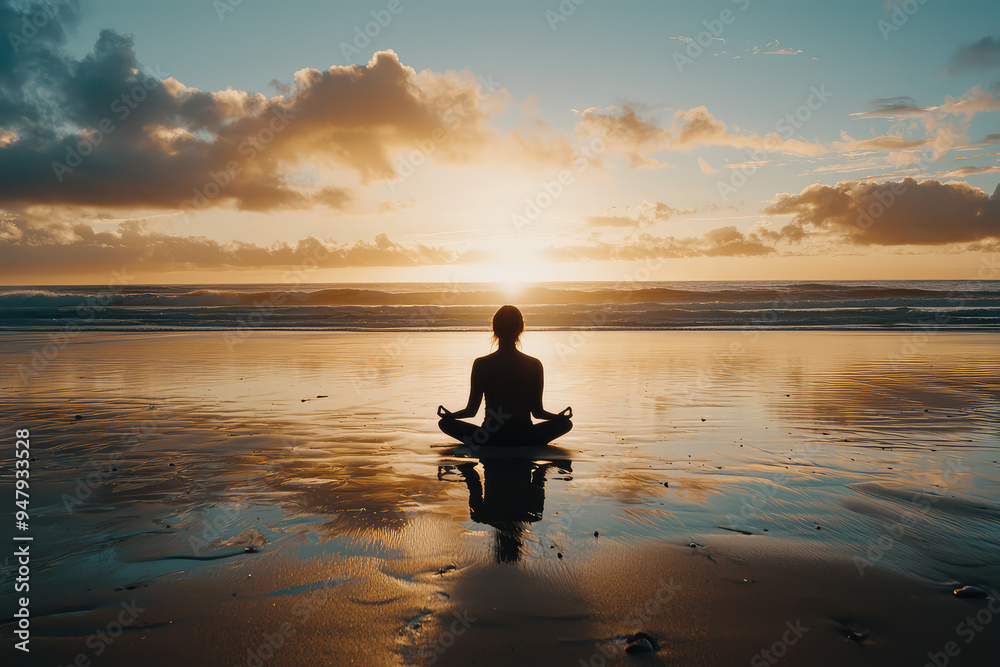 A Serene Moment: A Person Meditating on the Beach as the Sun Sets, Embracing Tranquility and Nature's Beautiful Palette A Serene Moment: A Person Meditating on the Beach as the Sun Sets, Embracing Tranquility and Nature's Beautiful Palette