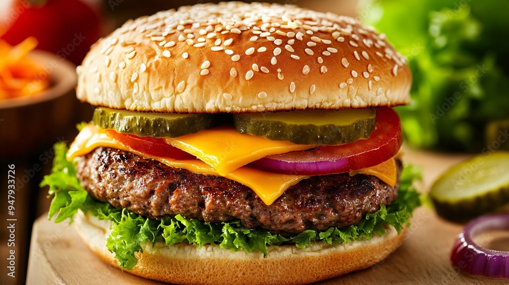 Delicious cheeseburger with fresh lettuce, tomatoes, pickles, and a juicy beef patty in a sesame seed bun. Delicious cheeseburger with fresh lettuce, tomatoes, pickles, and a juicy beef patty in a sesame seed bun.