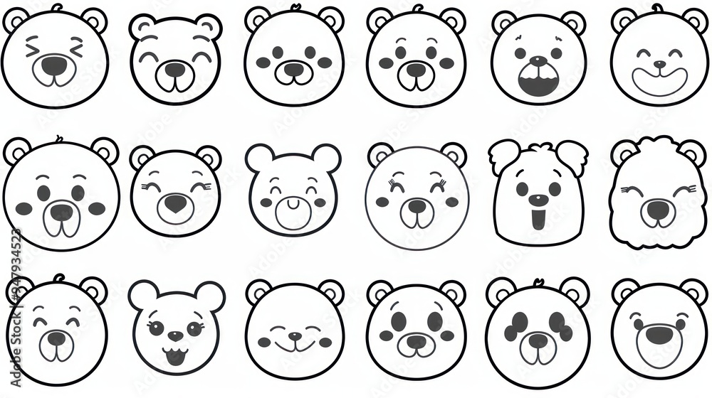 18 Black and White Bear Faces with Various Expressions. 18 Black and White Bear Faces with Various Expressions.