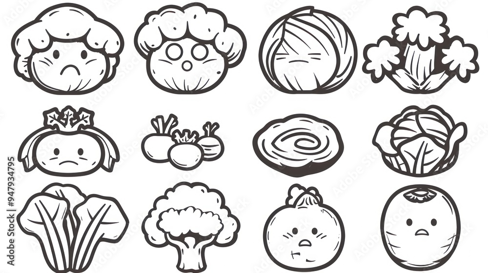 Set of 12 cartoon vegetables with different emotions. Set of 12 cartoon vegetables with different emotions.