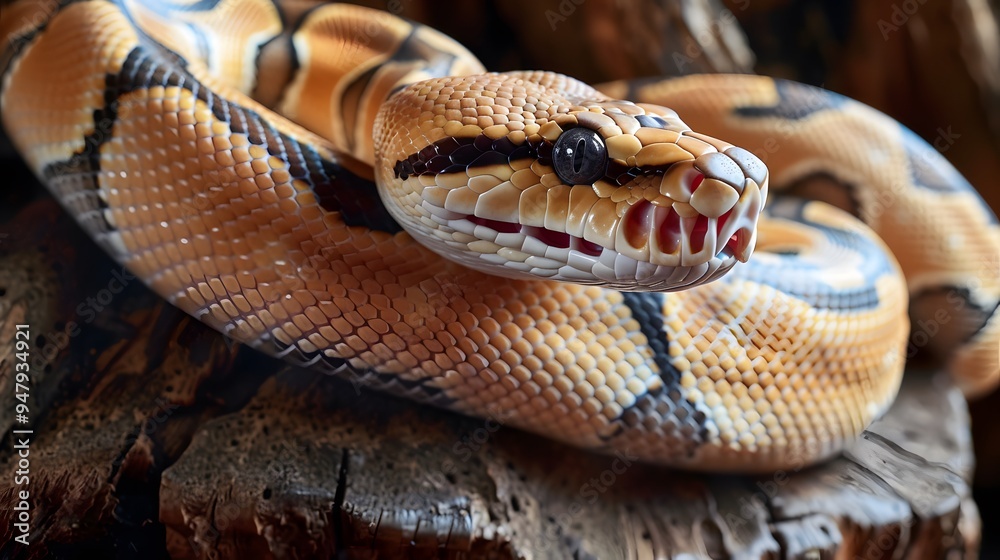 Obraz premium Python coiled on a tree branch, displaying its patterned scales and focused eyes