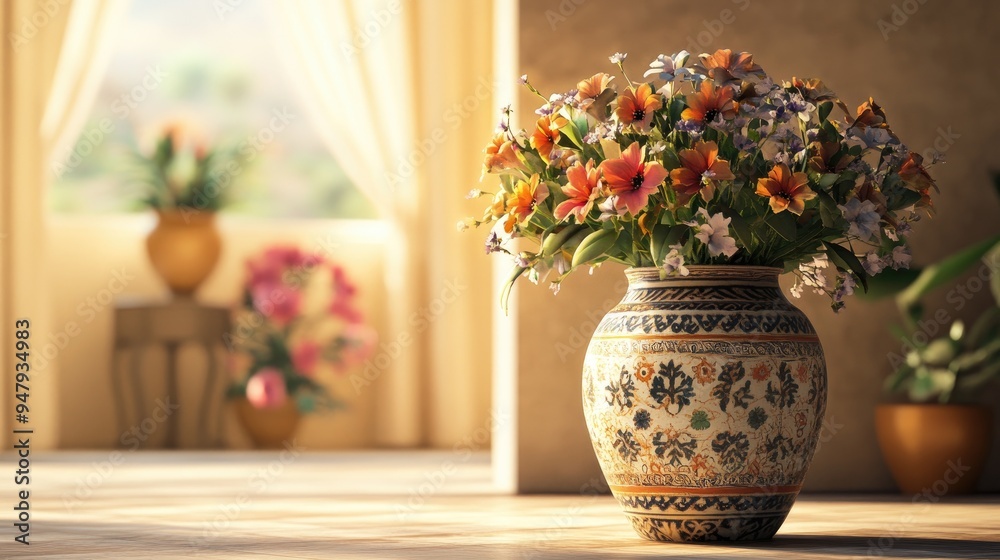 Large pottery vase with mesmerizing patterns, filled with flowers, in a luxury room with a realistic and elegant background - Large pottery vase with mesmerizing patterns, filled with flowers, in a luxury room with a realistic and elegant background -