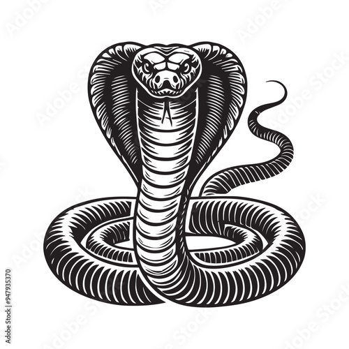 Cobra silhouette - King Cobra snake Clipart - A Majestic Coil Cobra illustration in black and white