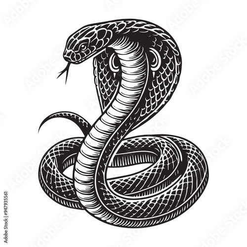 Cobra silhouette - King Cobra snake Clipart - A Royal Serpent Cobra illustration in black and white