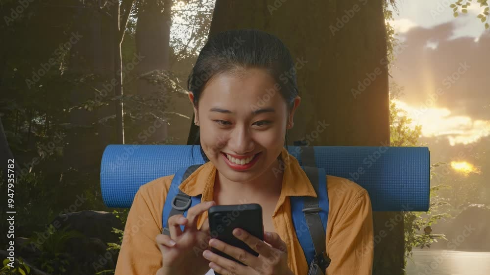 Close Up Of Asian Female Hiker With Mountaineering Backpack Looking At The Smartphone And Saying Wow While Exploring Forest Nature Close Up Of Asian Female Hiker With Mountaineering Backpack Looking At The Smartphone And Saying Wow While Exploring Forest Nature