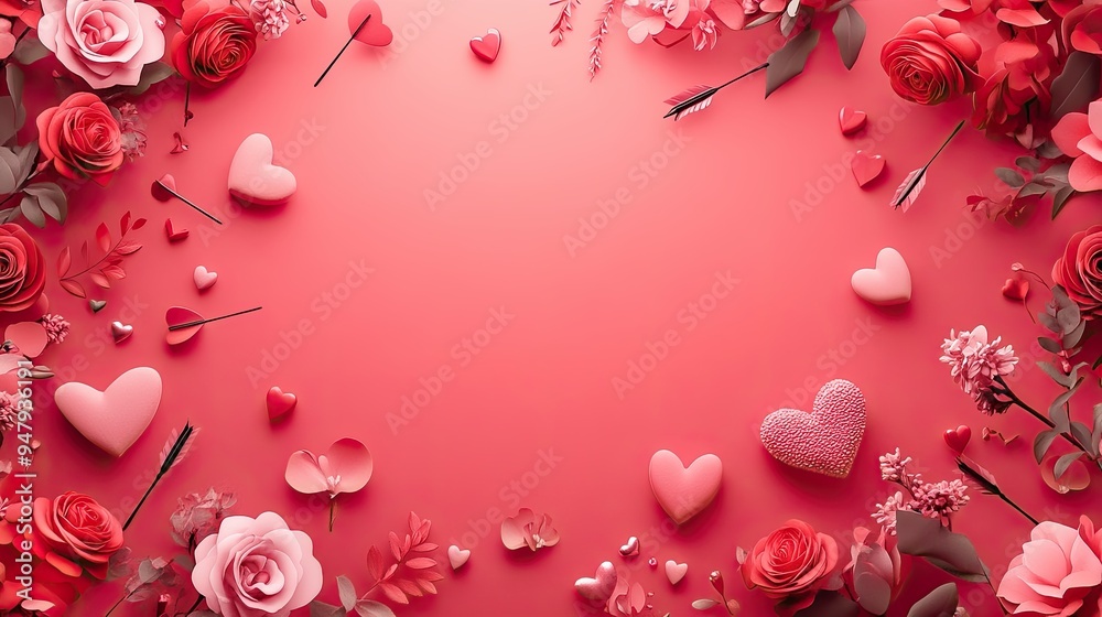 49. Valentine's Day wallpaper featuring vibrant pink and red colors, with cartoonish hearts, cupid arrows, and roses scattered around the sides, with a large blank space in the center for text, 49. Valentine's Day wallpaper featuring vibrant pink and red colors, with cartoonish hearts, cupid arrows, and roses scattered around the sides, with a large blank space in the center for text,