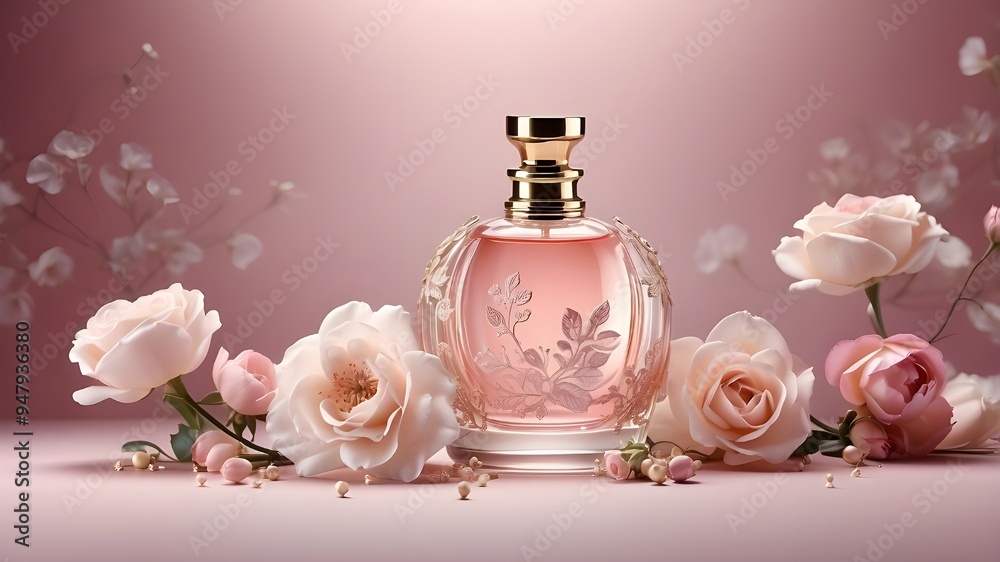 delicate, elegant scent composition with floral and perfume bottles and a pinkish image. Artificial Intelligence delicate, elegant scent composition with floral and perfume bottles and a pinkish image. Artificial Intelligence