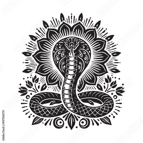 Cobra silhouette - King Cobra snake Clipart - Cobra with Floral Hood illustration in black and white