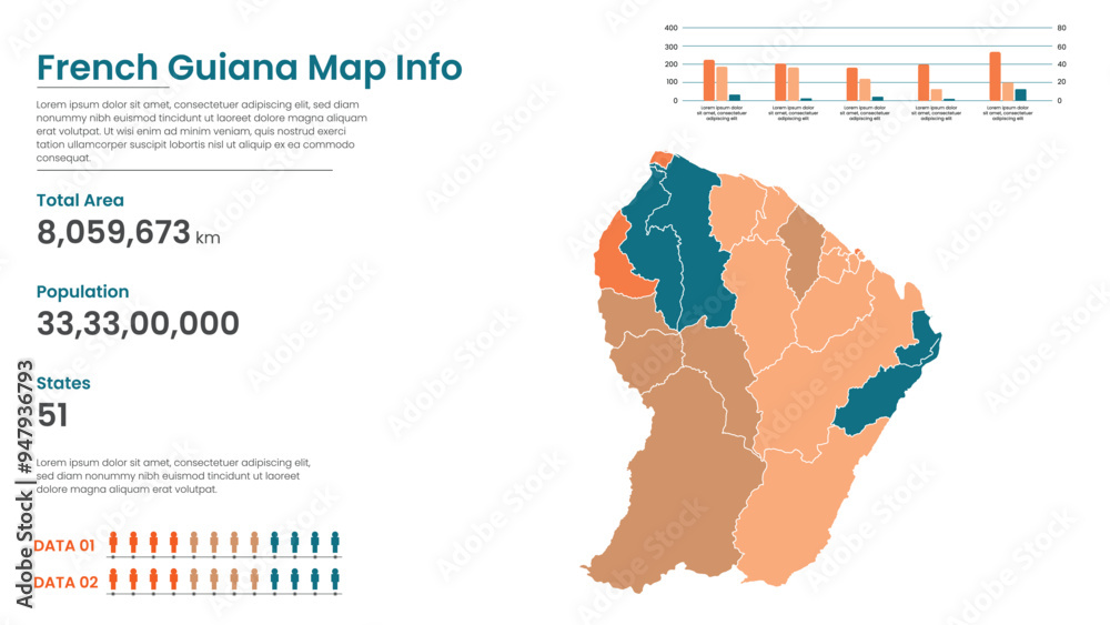 Obraz premium French Guiana political map of administrative divisions states, Colorful states in French Guiana map infographic, French Guiana Map Info, French Guiana Population.