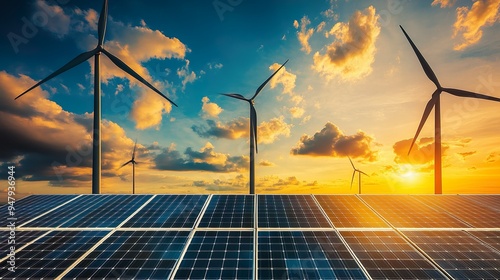 Solar Panels and Wind Turbines Powering Clean Energy Future at Sunrise for Sustainability