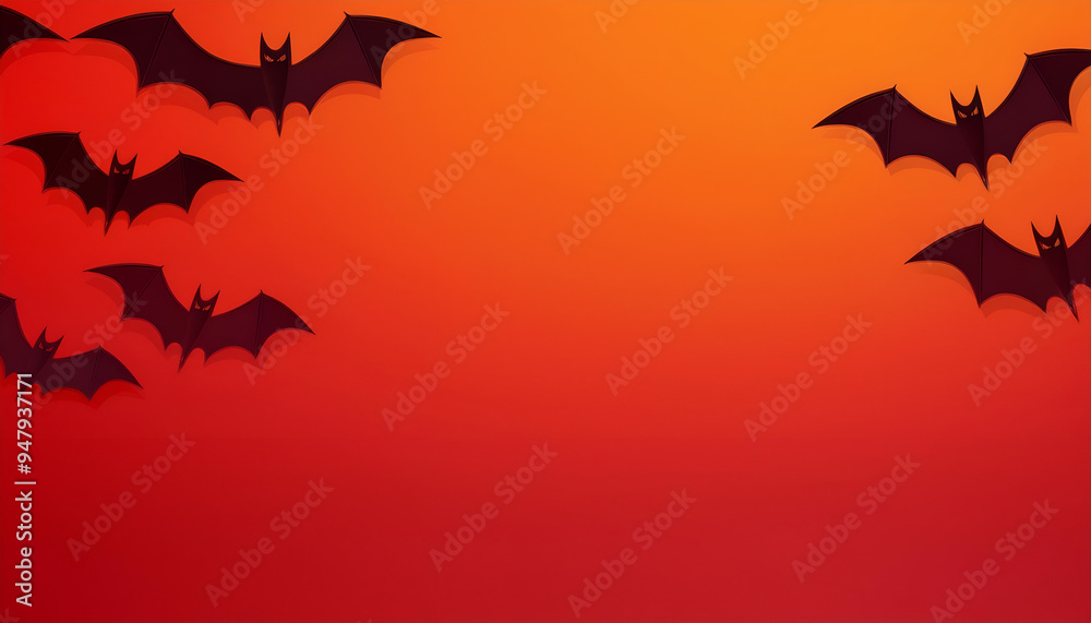 Black bats silhouetted against a vibrant orange sunset, creating a spooky Halloween atmosphere in the evening sky Black bats silhouetted against a vibrant orange sunset, creating a spooky Halloween atmosphere in the evening sky