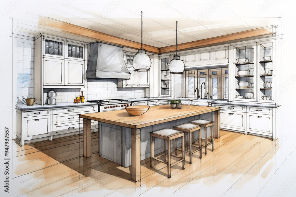 Classic Kitchen Concept Sketch with Island Classic Kitchen Concept Sketch with Island