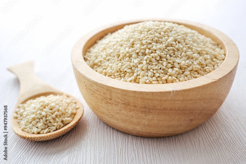 White Sesame Seeds in a wooden bowl with a wooden spoon on white background White Sesame Seeds in a wooden bowl with a wooden spoon on white background