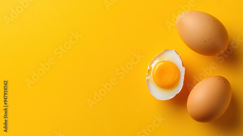 Top view of three white eggs and egg yolk in yellow background copy space.