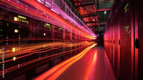 Server Room with Red and Purple Light Trails