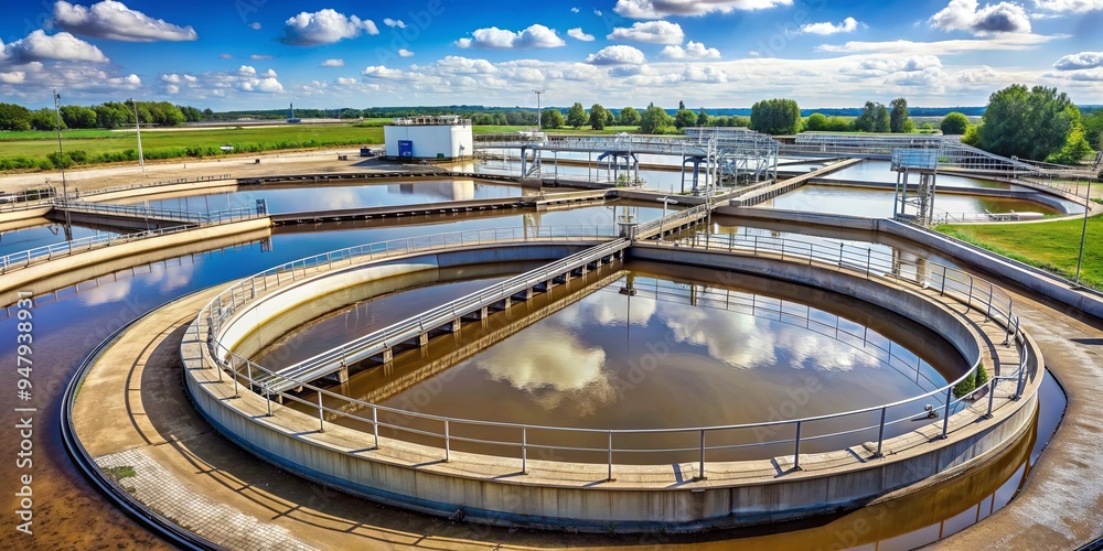 Primary sedimentation basin, sewage flowing through large tanks, sewage, treatment plant Primary sedimentation basin, sewage flowing through large tanks, sewage, treatment plant
