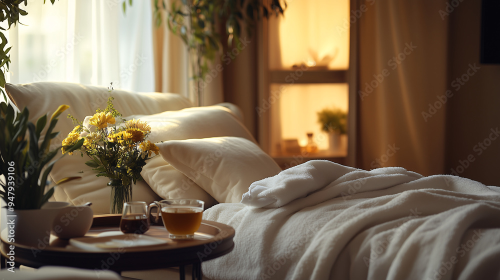 Naklejka premium A cozy corner of a home spa, with a comfortable chaise lounge, plush pillows, a fluffy white robe, and a tray with herbal tea and flowers. Gentle lighting and a tranquil atmosphere