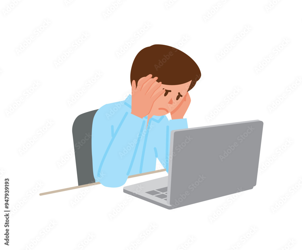 Frustrated man in business suit sitting in front of notebook computer Frustrated man in business suit sitting in front of notebook computer