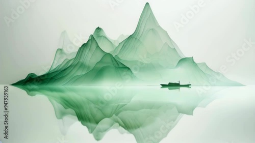 Zen-Inspired Minimalist Landscape with Drifting Boat. Tranquil Journey Through Green Mountain Reflections.