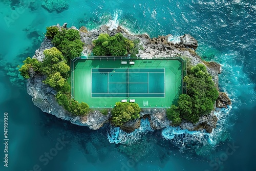 A tennis court is built on a rock in the ocean photo