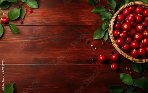 A basket of freshly picked kokum fruits, with their vibrant red skins, set on a rustic wooden table with scattered leaves photo