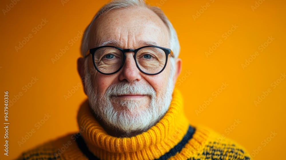Obraz premium A smiling older man wearing a bright yellow turtleneck sweater and glasses stands in front of an orange background, exuding warmth and wisdom ideal for senior living, happiness