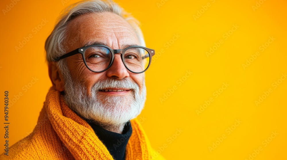A bearded elderly gentleman wearing glasses and a cozy yellow scarf, smiling against a vibrant yellow background, ideal for promoting senior happiness, eyewear, or fashion, A bearded elderly gentleman wearing glasses and a cozy yellow scarf, smiling against a vibrant yellow background, ideal for promoting senior happiness, eyewear, or fashion,