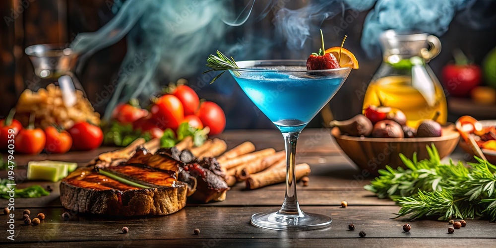 Obraz premium Blue cocktail on a glass with BBQ food at a night dinner party, cocktail, blue, glass, party, night, BBQ, food, drink